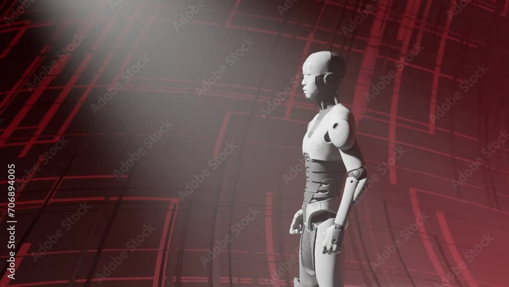 Poster robot humanoid cyber standing in front of a light moving slowing both sides as prototype of artifici