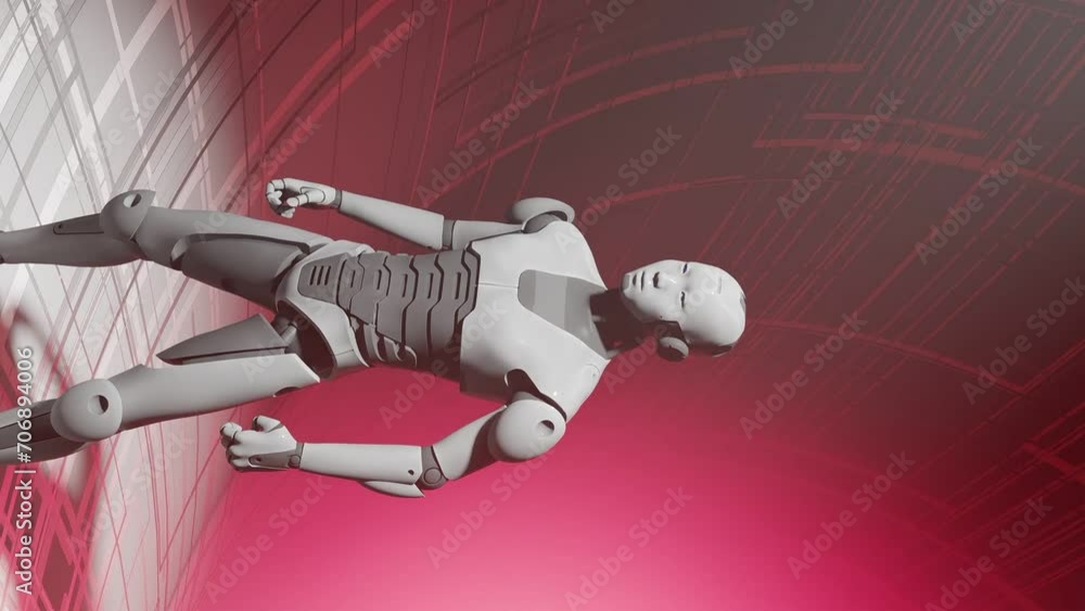 Poster robot cyber humanoid isolated on red background moving slowly as a prototype of artificial intellige