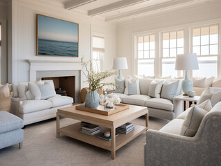 Fototapeta na wymiar Elegant living area with a coastal theme, plush furnishings, and a soothing color palette