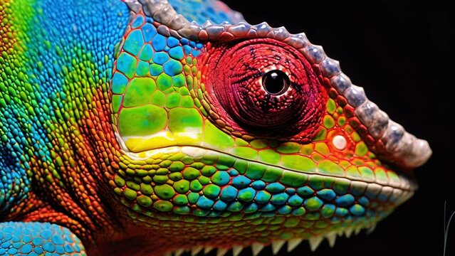 A closeup of a chameleons skin, exhibiting the quantum coherence of pigment molecules that allows the animal to rapidly change color and blend into its environment.