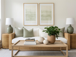 Fototapeta na wymiar Fresh and inviting living room with pops of green, natural fibers, and coastal-inspired art