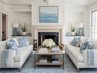 Chic Hamptons living room with blue and white decor, elegant furnishings, and a cozy feel