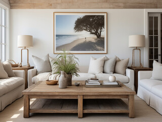 Rustic coastal charm in a living space with reclaimed wood furniture and soft, sandy hues