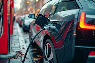 Obraz premium Electric car charging at a gas station in the city.