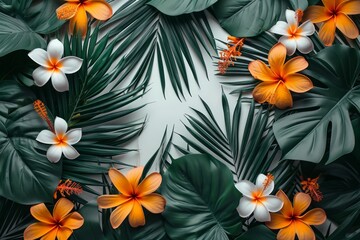 Palm Leaves and Flowers Pattern in Modern Style Tropical Print on White Background
