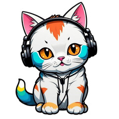 Colorful cat in pop art style stickers, white border, high quality, colorful, Detailed illustration of a cute cat wearing headset, awesome full color,