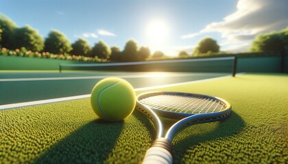 Tennis ball and racket on a sunny court - obrazy, fototapety, plakaty