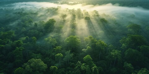 Naklejka na ściany i meble Aerial View of a Misty Rainforest at Sunrise with Light Rays