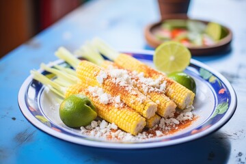 elote with cotija cheese sprinkled on top, on a ceramic plate