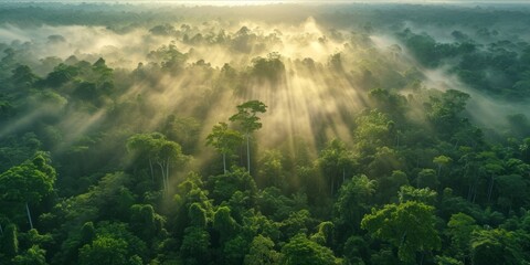 Fototapeta na wymiar Aerial View of a Misty Rainforest at Sunrise with Light Rays