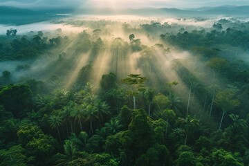 Aerial View of a Misty Rainforest at Sunrise with Light Rays - obrazy, fototapety, plakaty