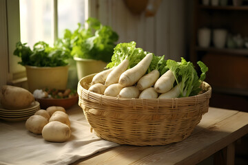 Small Radish in basket on wooden table in kitchen.