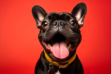 Handsome Black French Bulldog portrait with tongue out at red background isolated.