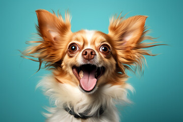 Fototapeta na wymiar Cute brown mexican chihuahua dog with tongue out isolated on blue background. Dog looking to camera