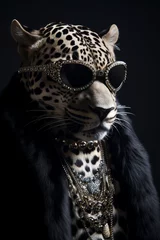 Selbstklebende Fototapeten Spotted leopard close up portrait in fashion style, wearing jewelry like a human © lelechka