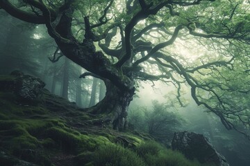 Ancient tree with twisted branches in a mystical forest