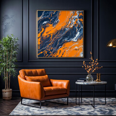 Interior of modern living room with orange armchair, coffee table and poster on black wall. 3d render,Generative AI