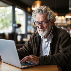 Portrait of senior man using laptop while sitting at table in cafe,Generative AI