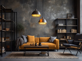 Contemporary living room with a metal pendant light and industrial-style shelving
