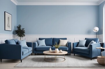 Dark blue sofa and recliner chair in the Scandinavian apartment. light blue Interior design of the modern living room. wall color light blue