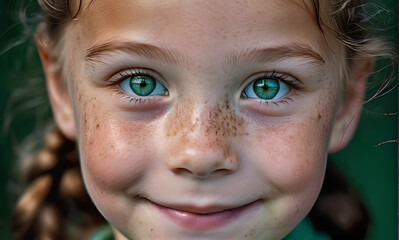 cute face of a little girl with caulking, child's happy childhood, happy family, child's face close-up, smile on child's face, beautiful little girl daughter, green eyes of child girl, childhood dream