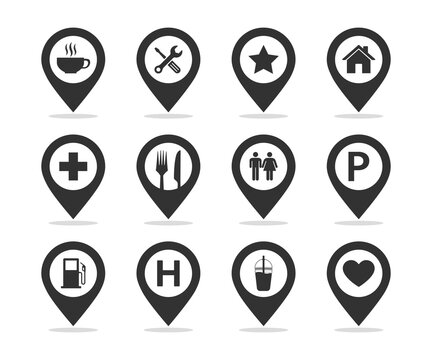 Set of place pin icon. Map pointer and cafe and restaurant travel elements pin.
