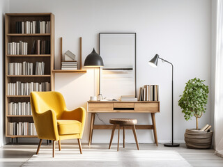 Airy space featuring a wall of books, a mid-century desk, and a mustard accent chair