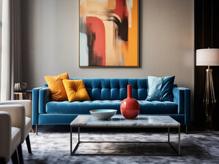 A sleek living room with a pop of color from a blue velvet sofa