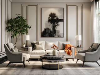 A chic and sophisticated living room with a monochrome color scheme and sleek furniture