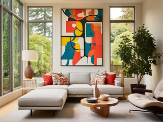 Bright room with large windows, accented by a bold, abstract wall art piece