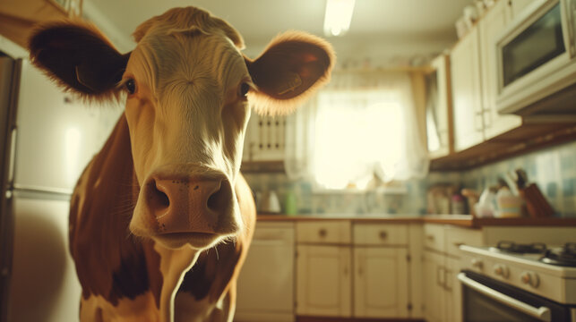 Cow inside a retro kitchen. Fresh food concept.