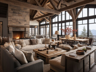 Fototapeta premium Inviting living room with rustic wood beams and contemporary decor