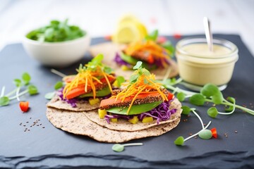 colorful flaxseed wraps with hummus and sprouts on a slate - obrazy, fototapety, plakaty