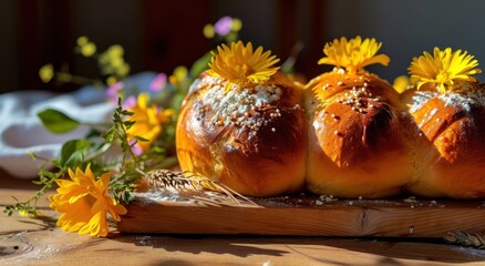 Obraz na płótnie Canvas golden buns decorated with eggs and flowers on a wooden bedside table