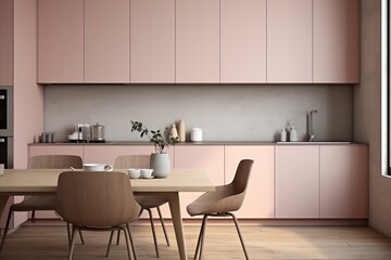 Fototapeta na wymiar Minimalist kitchen with peach fuzz color, sleek handle less cabinets, efficient storage