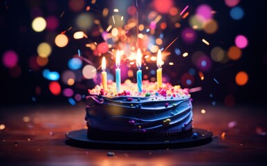 birthday cake with a candle on a background of colorful tinsel