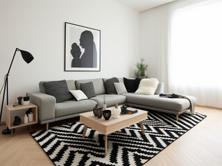 A chic, monochrome space with a black sectional, white walls, and a striking black and white rug