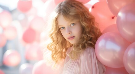Fototapeta na wymiar young girl on a background of pink balloons