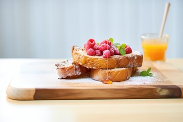 french toast on a wooden board with raspberries