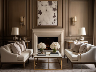 Traditional fireplace with a modern twist, surrounded by chic, comfortable seating