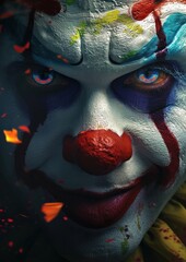 clown's face with colorful make up around his nose
