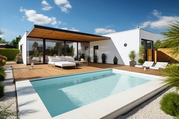 Fototapeta premium Modern House with Energy-Efficient Solar Panels on the Rooftop for Eco-Friendly Living