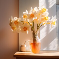 daffodils in a vase by a table
