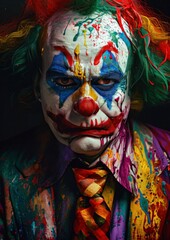 colorful clown with colorful paint, makeup and a tie,