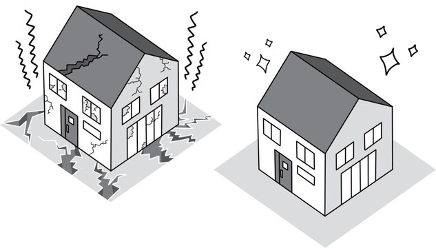 地震で損壊する住宅と耐震性のある住宅の比較イラスト（モノクロ）