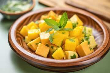 pineapple and mango chunks with lime zest on a terracotta platter