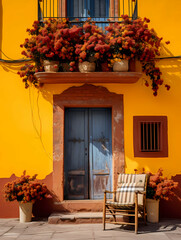 Fototapeta na wymiar San Miguel Vibrant Color Combinations, A Chair And Chair With Flowers On The Front Of A Yellow Building