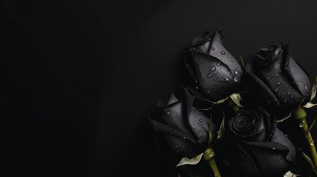 Black roses with water drop on a black background