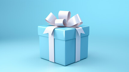 Blue gift box with white bow on light blue background