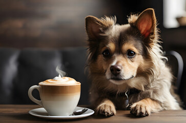 puppy with cup of cappuccino